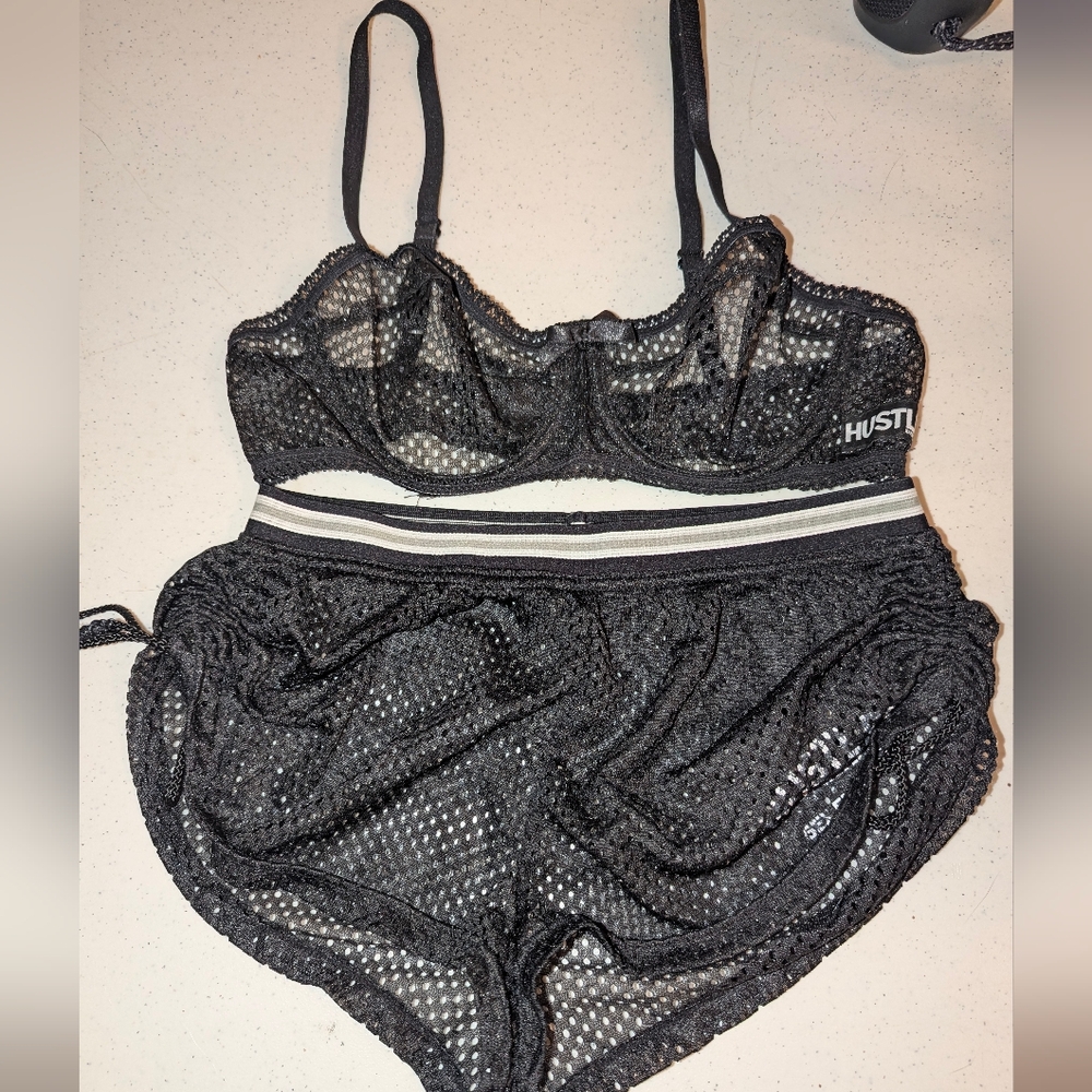 Vintage Hustler Hardcore Since '74 Black Mesh Bralette and Shorts Small